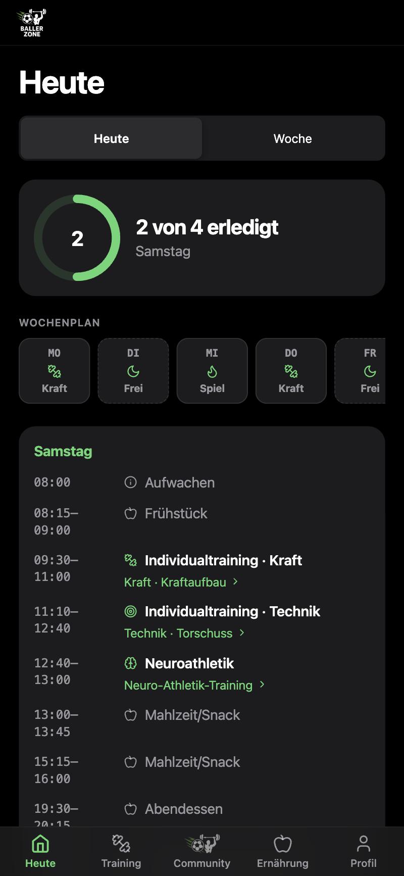 Bildschirmfoto der App: Tagesansicht „Heute“ mit Fortschrittsring, Wochenplan und Tagesablauf